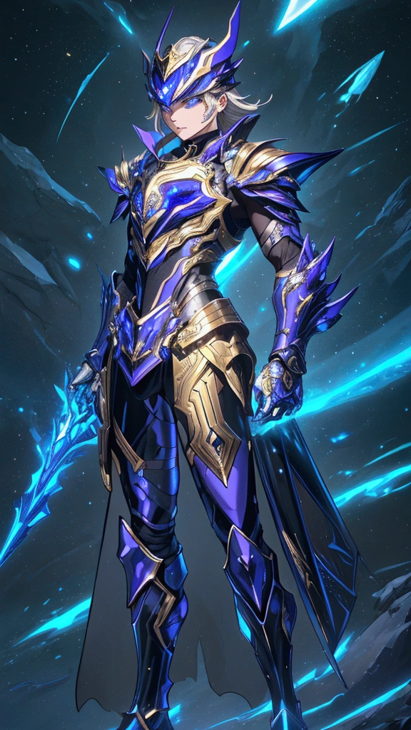 It's a man. The image presents a highly detailed and futuristic armor designed for a male warrior. The armor combines elements from different parts to create a cohesive and powerful look. Helmet: The helmet features a sleek, aerodynamic design with a golden metallic finish. It has a central crest that rises upwards, and the visor glows with a bright blue light, giving it a high-tech, futuristic appearance. Pauldrons (Shoulder Pads): The shoulder pads are designed to be close to the chest, with angular lines extending smoothly toward the shoulders. They have a polished golden finish and curve elegantly upward, creating a harmonious transition between the chest and shoulders, while providing a majestic and protective look. Chest Plate: The chest plate is intricately segmented, with a combination of gold and dark metallic blue. It has a gem-like crystal in the center that emits a soft, mystical glow. The design of the chest plate is both protective and regal, with sharp, angular lines that add to the overall futuristic aesthetic. Arm Guards: The arm guards are sleek and streamlined, with articulated golden and purple segments that offer flexibility and protection. The design of the gauntlets is both robust and elegant, incorporating futuristic elements that blend with the classic style. Leg Armor: The legs are armored with segmented plates that are primarily gold and purple. The boots are angular and sturdy, with a design that conveys both strength and agility. The overall look of the leg armor is grounded yet sleek, completing the ensemble with a powerful stance. The background of the image is a dark cosmic scene, filled with distant stars and nebulae that highlight the polished surfaces of the armor. Dynamic lighting is used to emphasize the key features, particularly the glowing visor and central chest gem, reinforcing the mystical and imposing nature of the warrior.