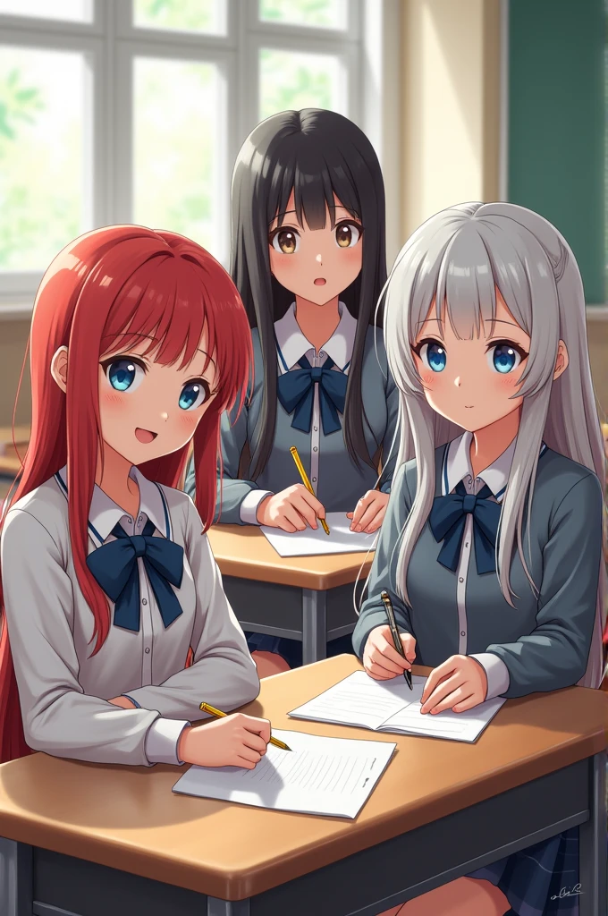 4 girls in a classroom(a blond,one with black hair,A redhead,one with gray hair