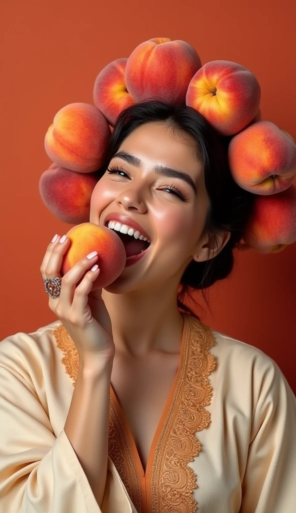 Clothed 30's、One incredibly beautiful Iranian woman。Dressed in traditional Iranian clothing。Facing forward、Open your mouth wide、He is biting into a peach with relish.。The expression is、Ecstatic expression、I feel a strong sense of ecstasy。With a smile、Both eyes are open。The head is peeled、Covered in several real peaches。There are a lot of peaches on and around the head.。The skin is、Hidden by clothes、Light clothing。There are peaches all around。Covered in peaches。Fully clothed。No tattoos。The background is the color of the Iranian flag.。9:16 sizes。Highest quality、A masterpiece。