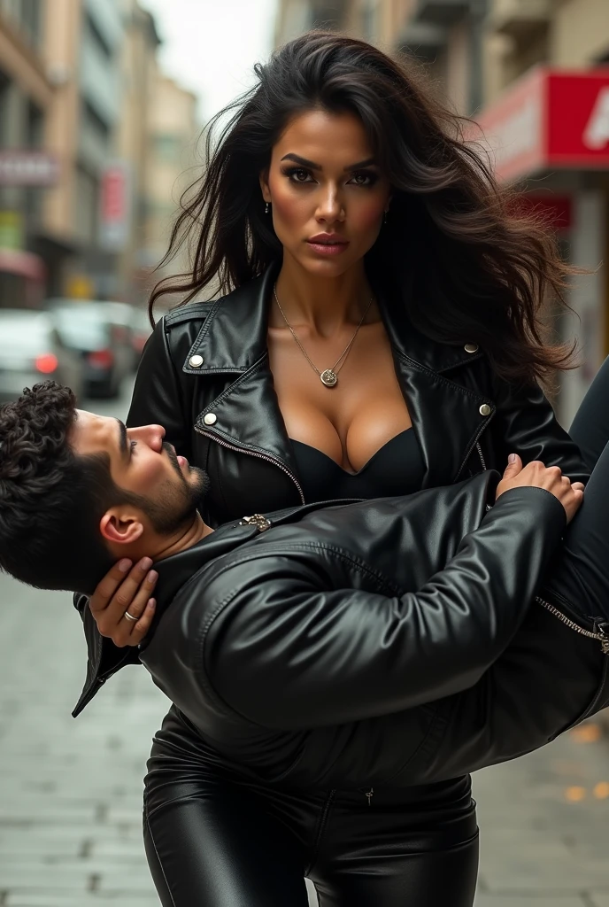 Nora fatehi in black leather jacket lifting and picking up a chubby man in her arms 