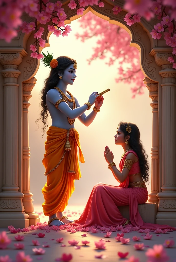 For janmashtami shree krishna holding flute and singing and Radha sitting near him..in a temple and pink blossom in hd quality