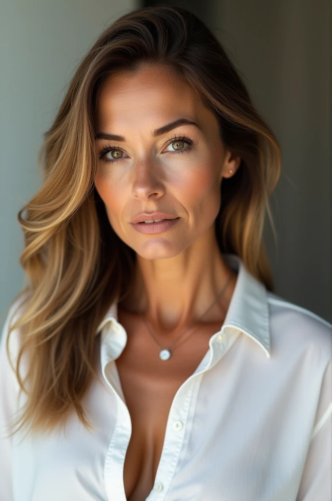 
A woman with long hair and a white shirt looking at the camera better quality, facial focus, luz outfit, ultra high resolution, (photorealistic:1.4), raw photo, 1 40 year old woman, Alone, Beautiful, (student, lights in the eyes), Detailed beautiful face, (medium chest),(High resolution detail of human skin texture.), (by the wide), interior.