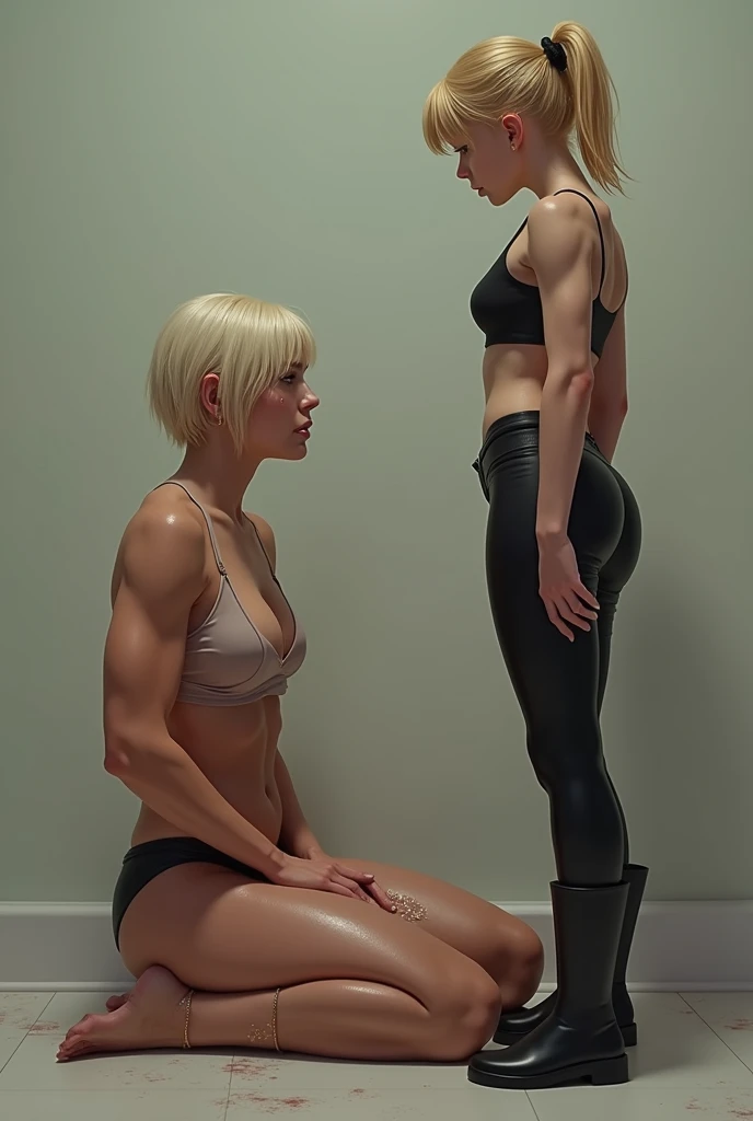 A bodybuilder blonde woman in short hair wearing underwear sitting on a chair with hands tied and sweating. A teenage girl in pigtails latex leggings and boots standing in front looks at the woman. 