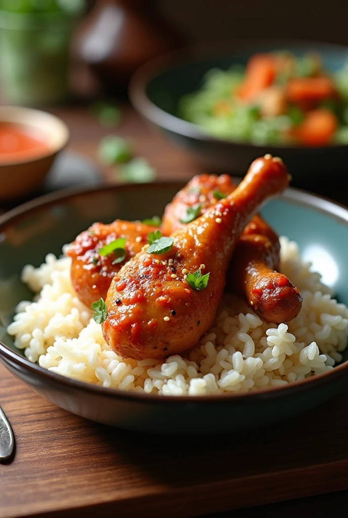 Chicken drumstick rice bowl,dining table