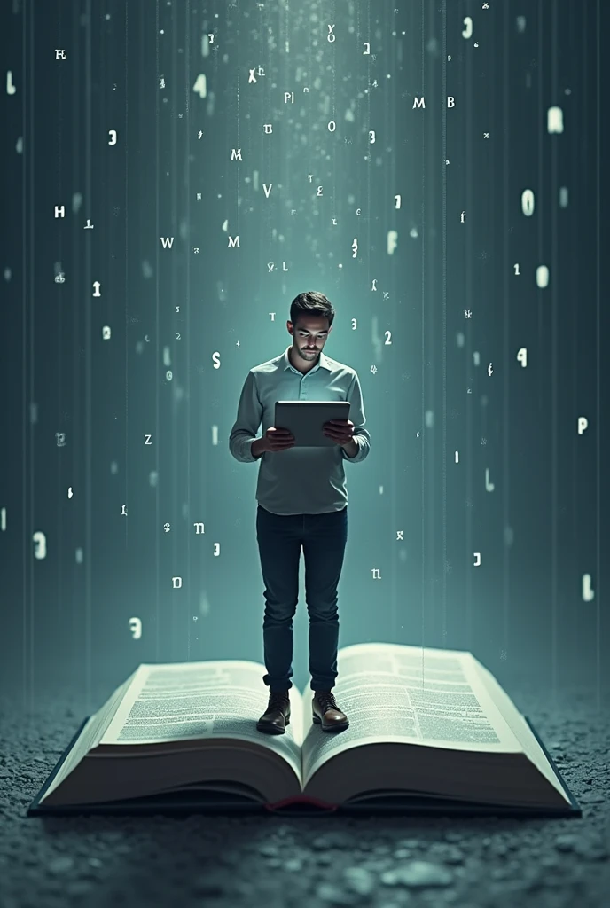A complex image with a simple big meaning, letters falling on digital on a computer keyboard , a man standing on a book holding a tab