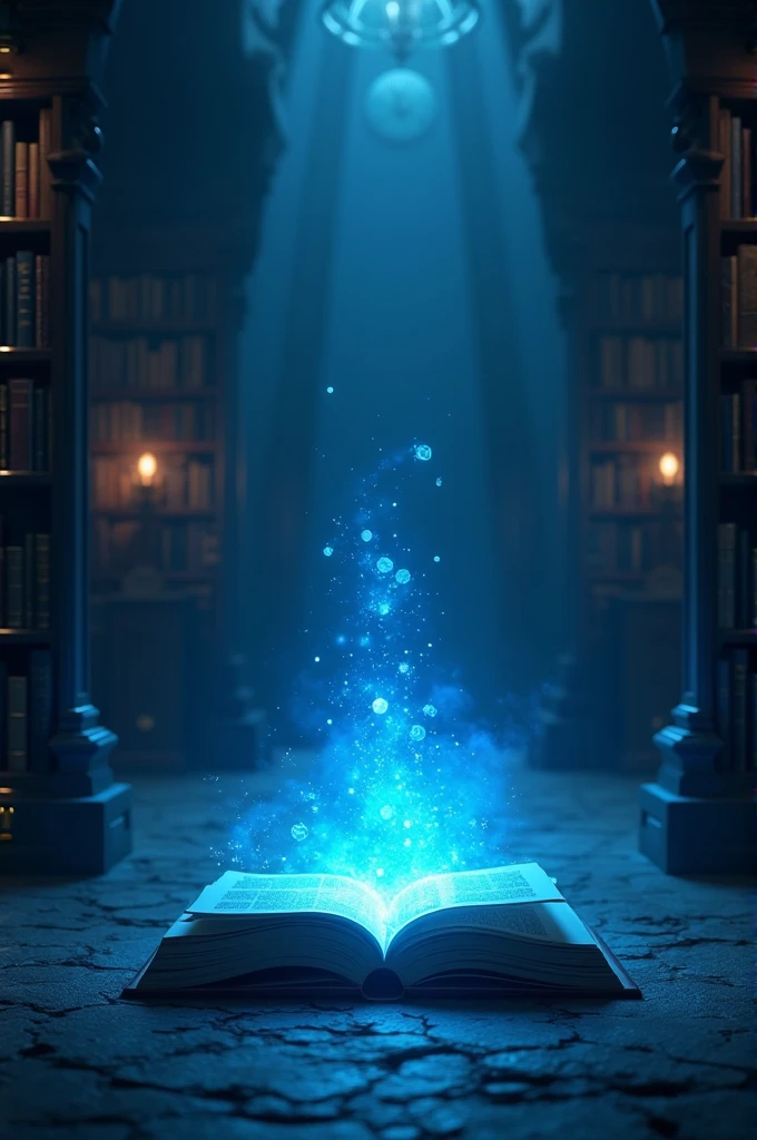 Make a background of a half-dark library with a book in the center imitating a blue light Magical and mystical, luminous details