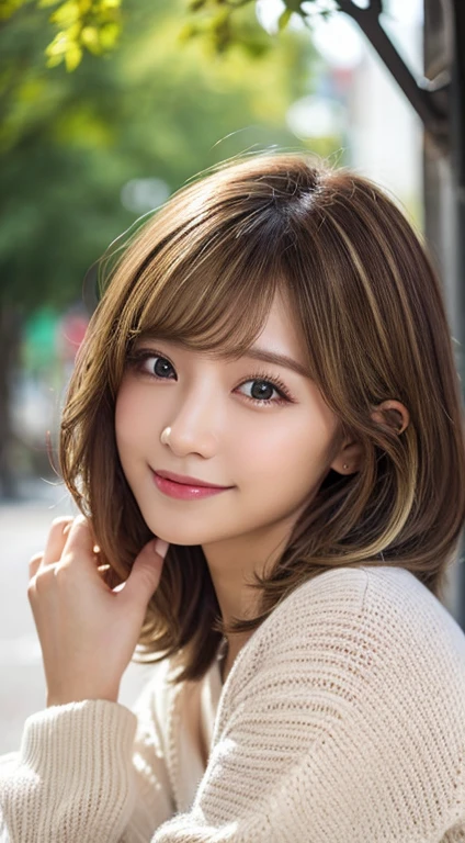 Happy smile seeing this、In the city、(Highest quality,8K quality,masterpiece:1.3,),(Ultra-high resolution:1.3,Realistic:1.4,RAW Photos:1.2),(Very detailed:1.2,Glowing Skin,Detailed skin:1.1),(Detailed face,Perfect Anatomy,Caustics:1.2),,1 person,cute,Japanese,1,Japanese Ido,brown hair, [(gradient hair from brown to blonde:1.4):0.4], medium hair,Curl short hair outward,cute目,Natural Makeup,bright casual clothes,Laughter,Looking into the camera,On the face,Face Focus,Professional Lighting,Natural soft light,