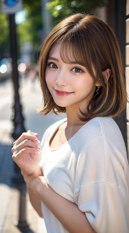 Happy smile seeing this、In the city、(Highest quality,8K quality,masterpiece:1.3,),(Ultra-high resolution:1.3,Realistic:1.4,RAW Photos:1.2),(Very detailed:1.2,Glowing Skin,Detailed skin:1.1),(Detailed face,Perfect Anatomy,Caustics:1.2),,1 person,cute,Japanese,1,Japanese Ido,brown hair, [(gradient hair from brown to blonde:1.4):0.4], medium hair,Curl short hair outward,cute目,Natural Makeup,bright casual clothes,Laughter,Looking into the camera,On the face,Face Focus,Professional Lighting,Natural soft light,
