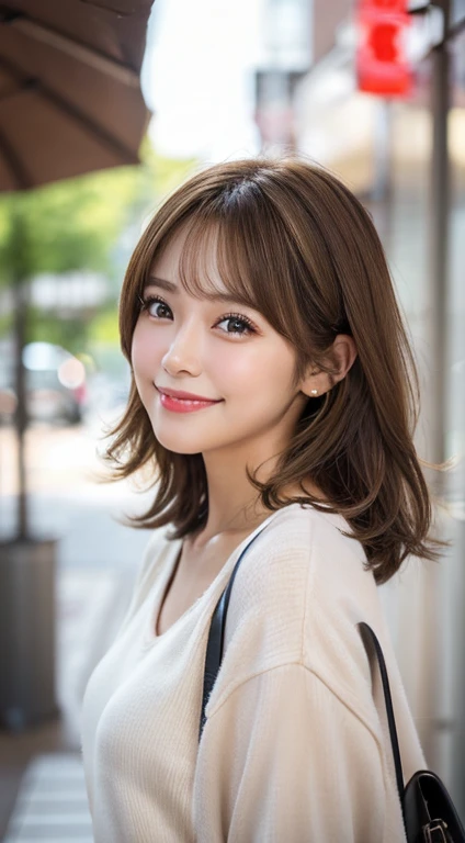 Happy smile seeing this、In the city、(Highest quality,8K quality,masterpiece:1.3,),(Ultra-high resolution:1.3,Realistic:1.4,RAW Photos:1.2),(Very detailed:1.2,Glowing Skin,Detailed skin:1.1),(Detailed face,Perfect Anatomy,Caustics:1.2),,1 person,cute,Japanese,1,Japanese Ido,brown hair, [(gradient hair from brown to blonde:1.4):0.4], medium hair,Curl short hair outward,cute目,Natural Makeup,bright casual clothes,Laughter,Looking into the camera,On the face,Face Focus,Professional Lighting,Natural soft light,