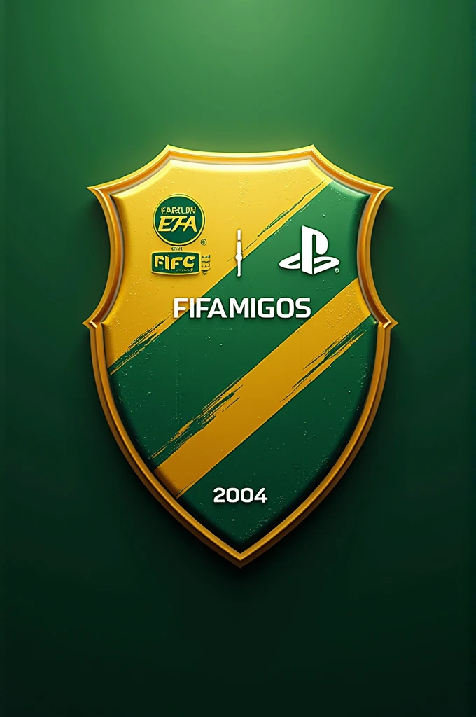 Create a modern football shield that contains the ea fc logo, the PlayStation logo, the name of the league (FIFAMIGOS) and the date of creation (2004). Use the green color palette, Yellow. 