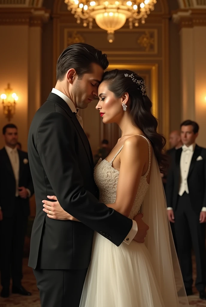"A 4K ultra-realistic cinematic scene depicting the wedding of Hedy Lamarr to Friedrich Mandl, a powerful and influential arms dealer who supplies weapons to Mussolini. The setting is a grand, elegant European villa adorned with luxurious decorations. Hedy, in a stunning bridal gown, looks visibly distressed, her expression conveying a sense of entrapment. Friedrich Mandl, dressed in a perfectly tailored suit, appears possessive and jealous, holding her close. The atmosphere is tense, with a select group of elite guests witnessing the event. The lighting is warm but subdued, highlighting the contrast between the opulence of the wedding and the underlying emotional turmoil, rendered in ultra-detailed high-resolution."
