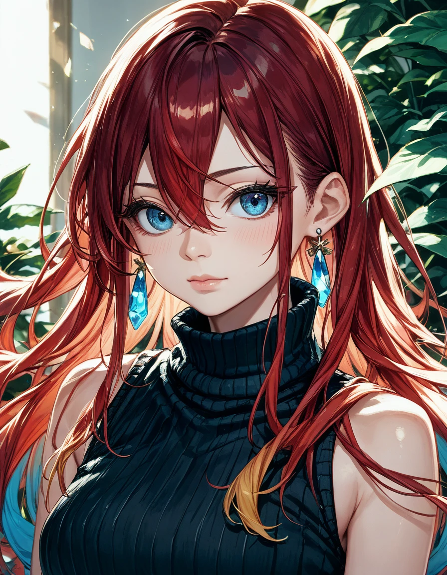 1girl, solo, long hair, looking at viewer, blush, bangs, hair between eyes, bare shoulders, jewelry, closed mouth, upper body, red hair, multicolored hair, earrings, sleeveless, two-tone hair, lips, eyelashes, gradient hair, turtleneck, portrait, black sweater, ImgFixerPre0.3