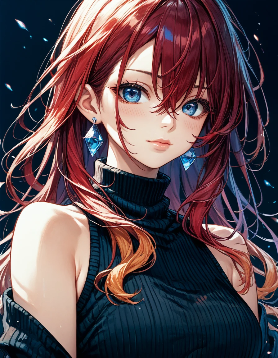 (masterpiece, best quality, highres), ((1girl, (mature female)), (dark red hair, long hair, straight hair), (blue eyes)), (looking at viewer, light smile), (abstract, minimalism),