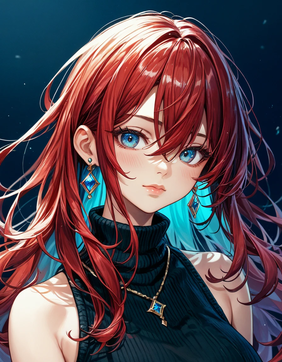 1girl, solo, long hair, looking at viewer, blush, bangs, hair between eyes, bare shoulders, jewelry, closed mouth, upper body, red hair, multicolored hair, earrings, sleeveless, two-tone hair, lips, eyelashes, gradient hair, turtleneck, portrait, black sweater, ImgFixerPre0.3