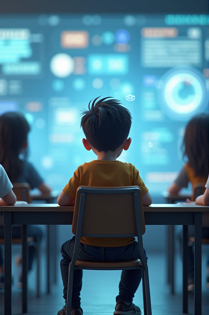 Have a boy sit on a chair along with other students, In a futuristic classroom