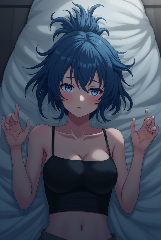 Alone female anime character, Blue Messy Bun Hair, wearing a black bra, pose of raising both hands up and lying on your back