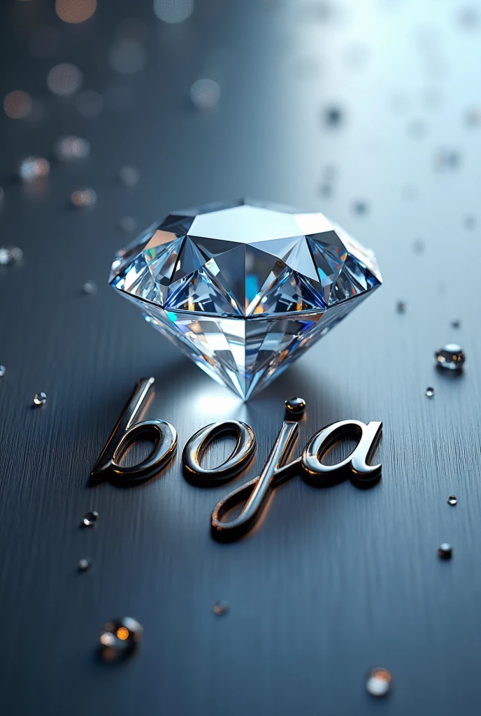 Create a luxurious logo featuring a brilliant-cut diamond at the center, with sharp, reflective facets that shimmer in shades of blue, white, and silver. The diamond is surrounded by subtle, elegant embellishments that enhance its opulence. Below the diamond, add the word 'Boja' in a stylish, modern font that complements the overall design. The text should be in a metallic silver color, matching the sheen of the diamond. The background is a sleek stainless steel surface with a brushed texture, reflecting light softly to create a sophisticated and high-end look. The overall style should exude luxury and elegance