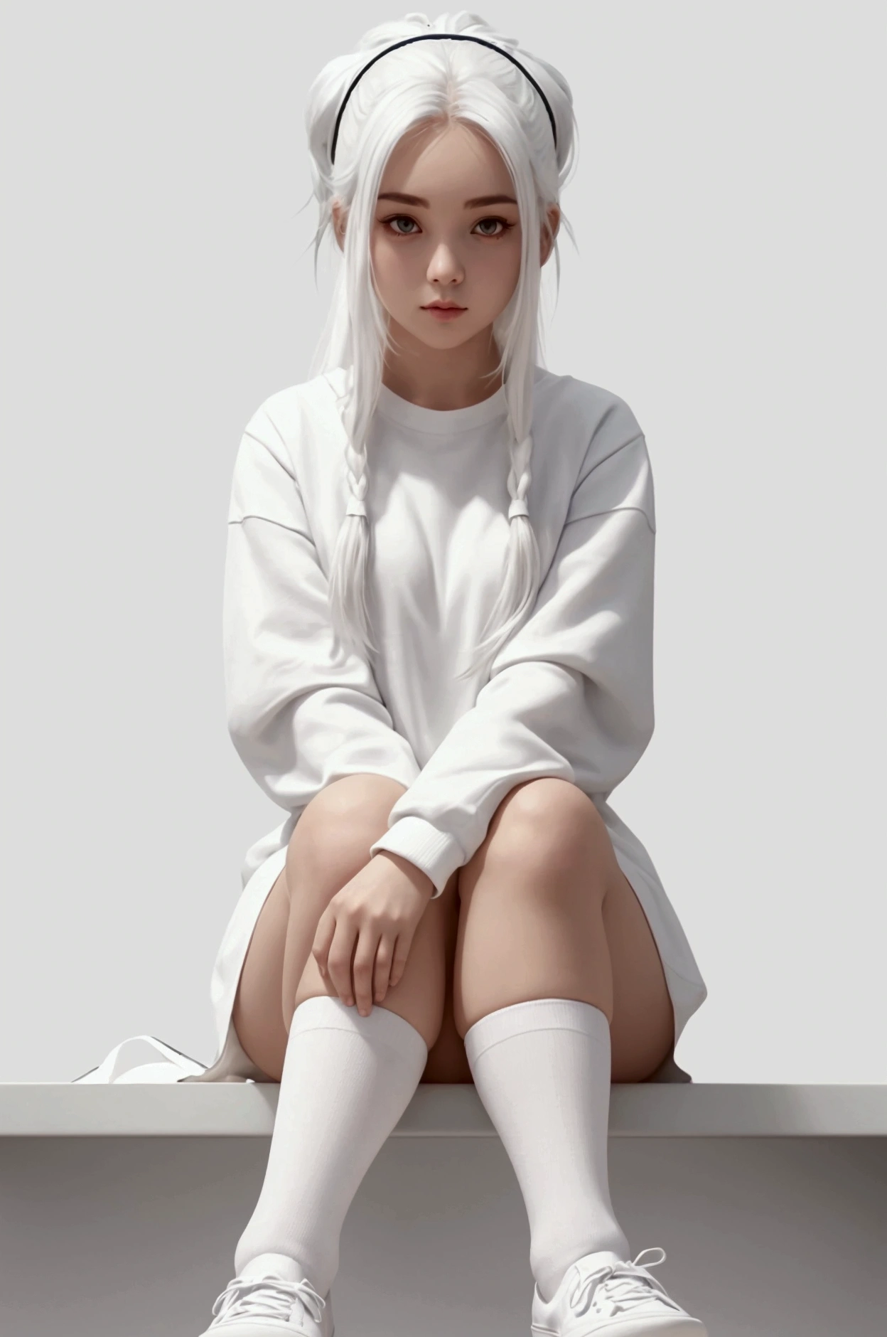 Lineart image of a girl sitting in the middle of a blank background Wearing high socks long white hair, white skin, white clothes, white shoes, white background line art.No colors thick thighs thick facing forward Apply facing down prespective a hot sitting position and bird's eye view prospective