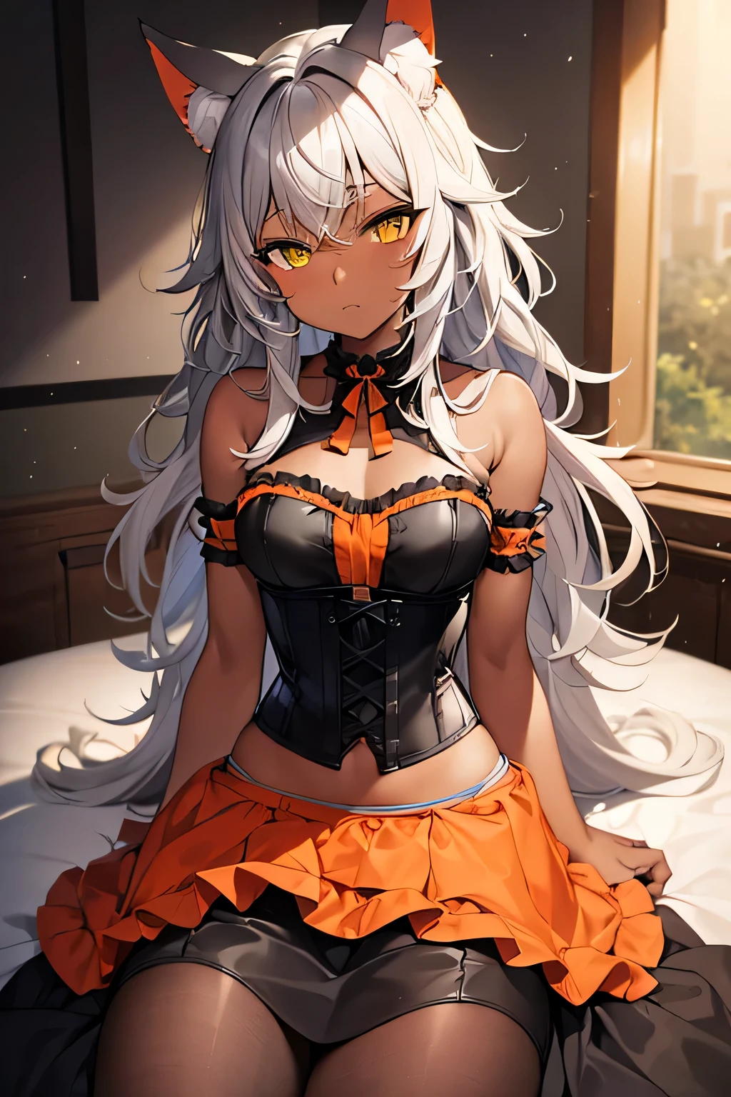 (masterpiece, Best quality:1.2), whole body, one girl, Gray cat ears, green eyes, (dark skin), ((messy medium hair)), gray is good, black tight skirt, ((orange corset)), No background,