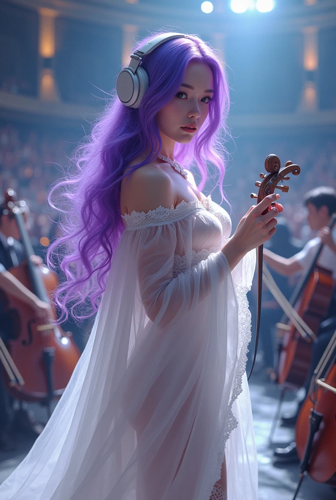 Korean purple hair butterfly woman with headphone and white outfit thin transparent costumes with orchestra instrument transparent costume orchestra stage background and apocalyptic costume holding instrument and sexy outfit elegant and transparent and white thin costume and orchestra auditorium background