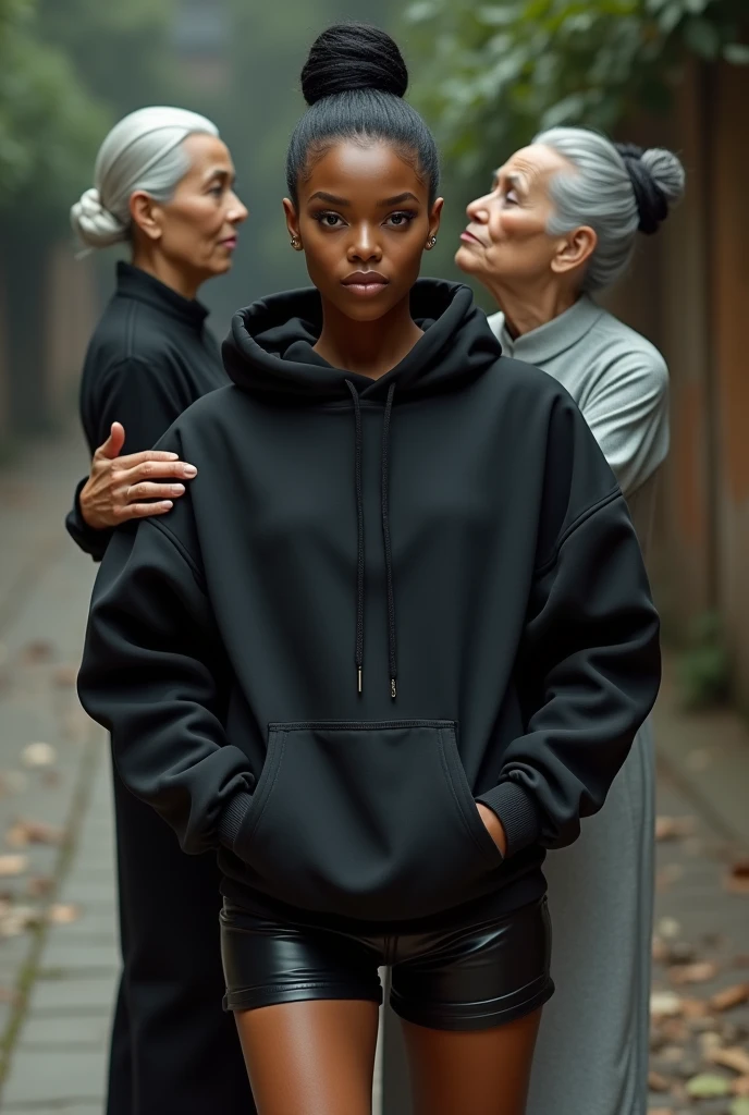 black woman hair in a bun black hoodie   black leather short shorts   a old grandma in a dress on her knees kissing her ass behind her


       