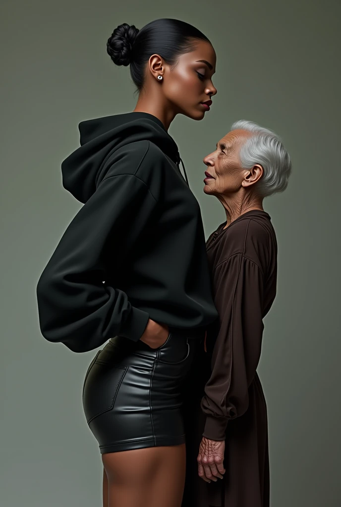 black woman hair in a bun black hoodie black leather short shorts a old grandma in a dress on her knees kissing her ass behind her