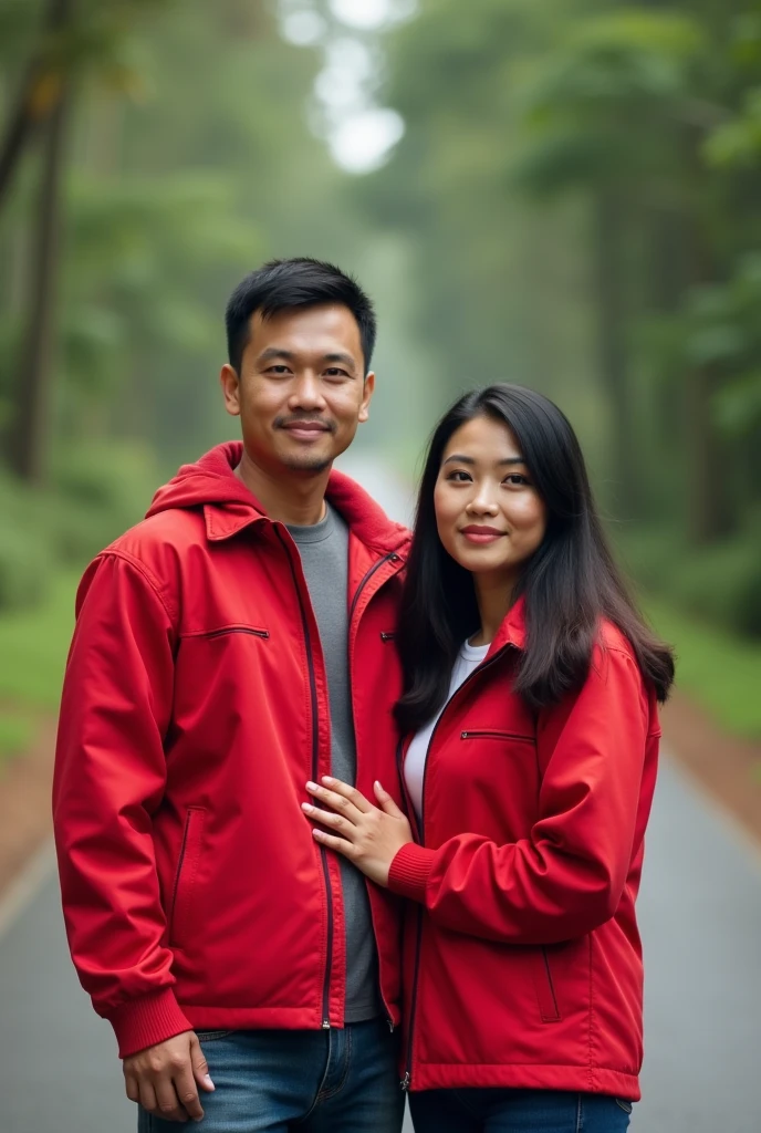 Real pinoy couple wearing red jacket standing back road blurd