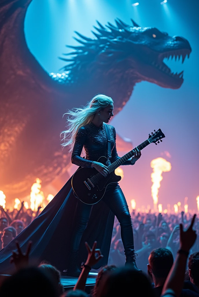 In the midst of a colossal, state-of-the-art concert arena, Daenerys Targaryen, clad in an intricately designed leather outfit that glitters under the blinding stage lights, strums ferociously on a sleek, black electric guitar. Her platinum blonde hair flows wildly around her shoulders, illuminated by vibrant blues and purples that pulse in rhythm with the electrifying music. Behind her, the massive silhouette of her fearsome dragon, Drogon, looms majestically, his scales glistening like obsidian in the ambient light, adding an awe-inspiring presence to the scene. The crowd, a sea of excited faces under a cascade of flashing lights, erupts into thunderous cheers and applause as the heavy riffs resonate throughout the venue, creating an atmosphere both epic and cinematic. Above, giant screens display fiery imagery and scenes of her conquering foes, enhancing the dramatic tension. The air is charged with anticipation and exhilaration, filled with the electrifying scent of sweat and adrenaline, as Daenerys ignites not only the stage but also the hearts of her fans, creating an unforgettable experience.
