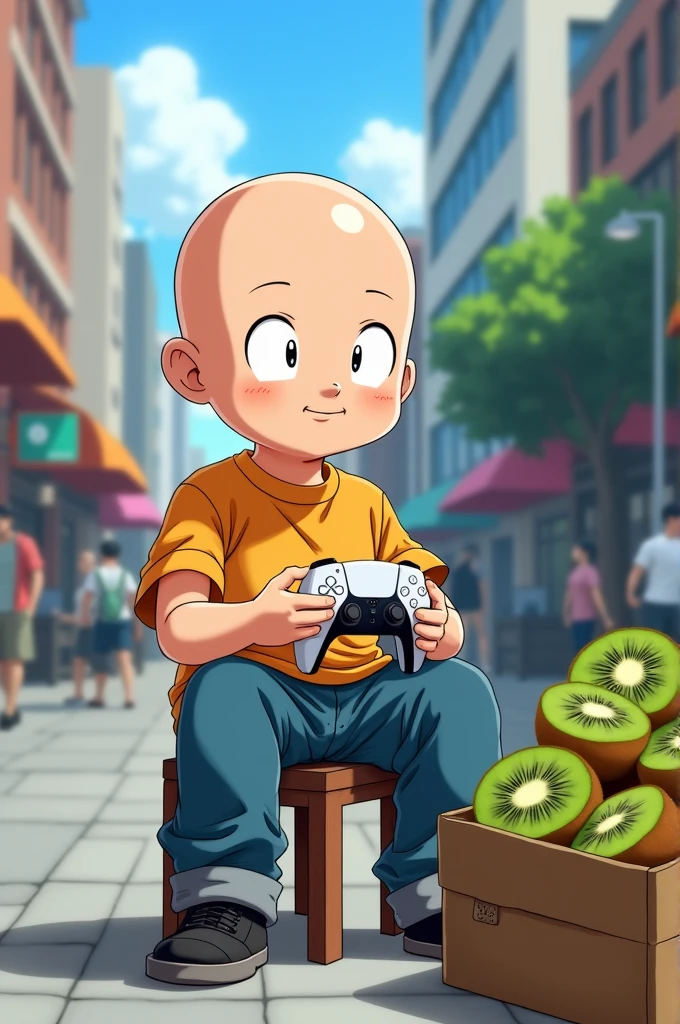 Krillin from Dragon Ball Super in his best casual outfit selling Kiwis and playing PlayStation 5