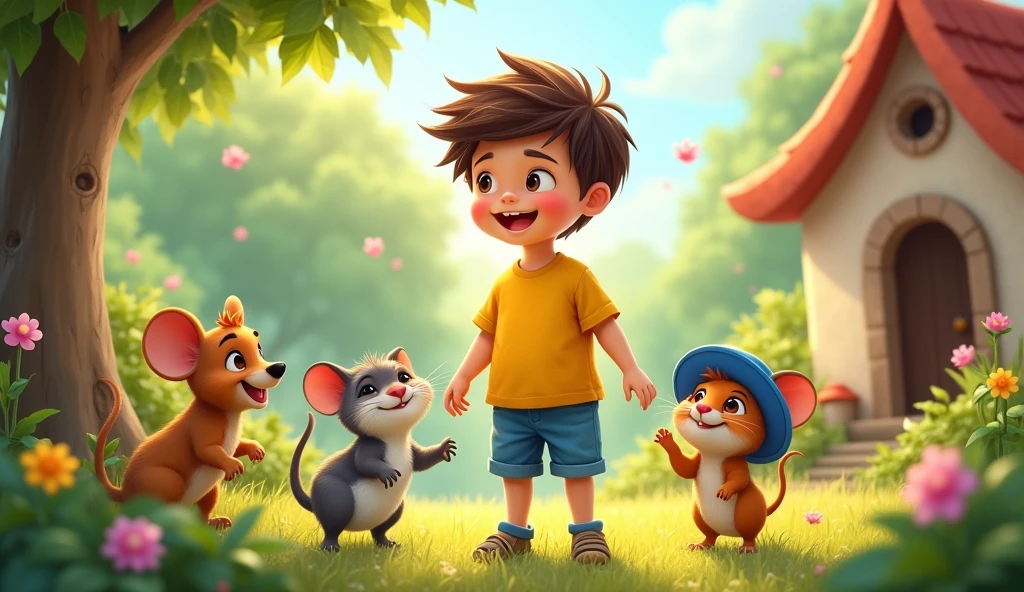 Illustrate the scene where Léo, the boy in his yellow shirt and blue shorts, and Remy, the mouse with his small, round blue hat, see their wishes come true. Léo is surrounded by friendly animals in the garden, all smiling and happy. Remy is settled in a cozy little house near a flowering tree, with sunlight shining down.