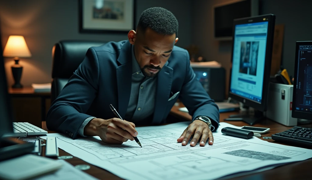 Will Smith sitting at a cluttered desk with blueprints and high-tech gadgets, intensely studying the layout of the world's richest bank."