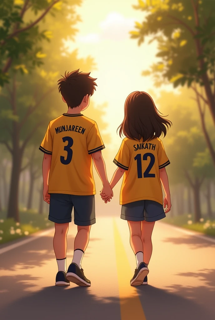 A girl wearing a jersey named Munjareen in the back side and a boy wearing a jersey named Saikath in the back side walking in a road hand to hands 
