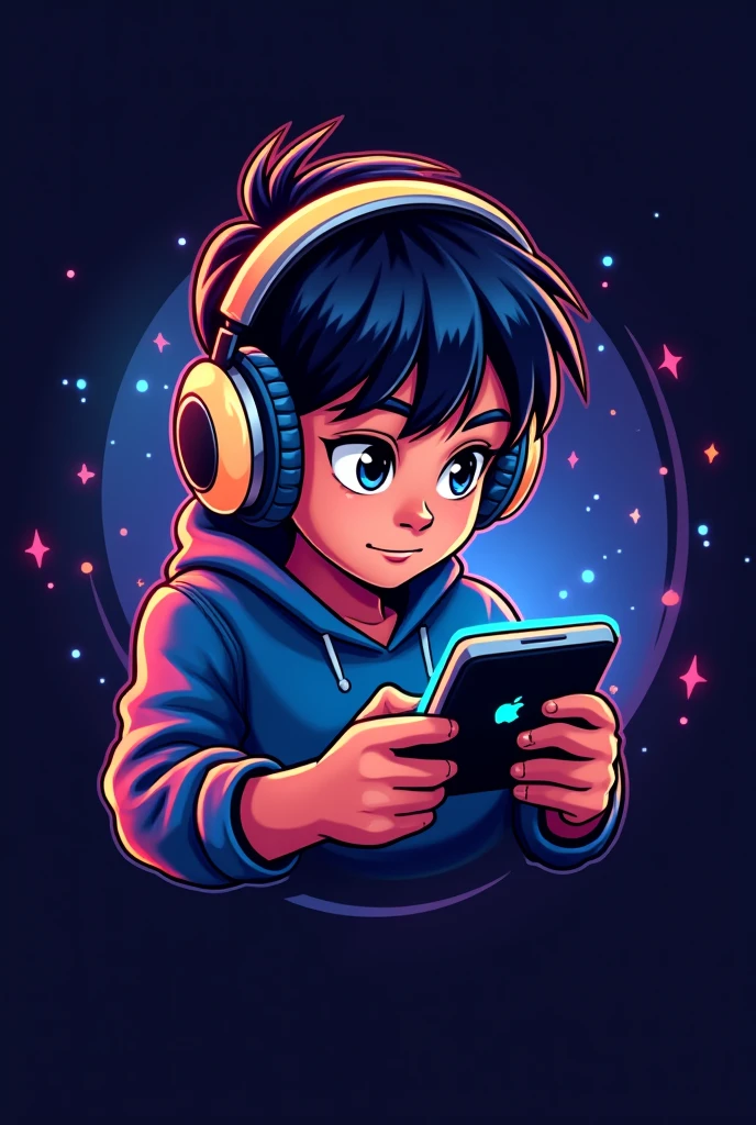 create a gaming logo ,a indian  boy (straight hair)with gaming headphones and apple iphone playing game on it