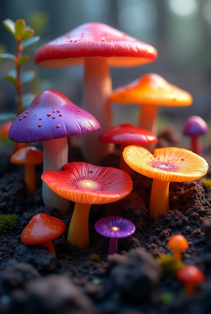 Create an image of a bunch of colourful mushrooms on soil