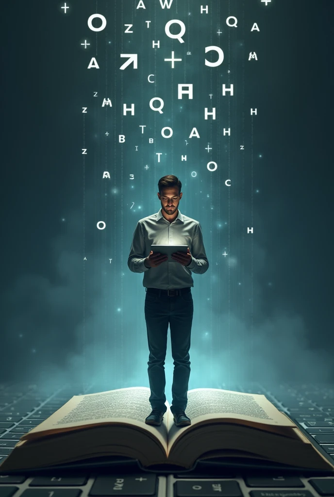 A complex image with a simple big meaning, letters falling on digital on a computer keyboard , a man standing on a book holding a tab