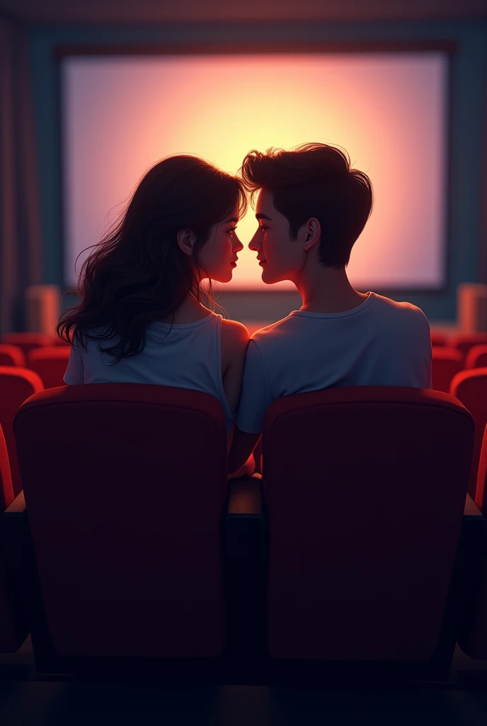 Cool lovers bith watching a movie in theatre inside