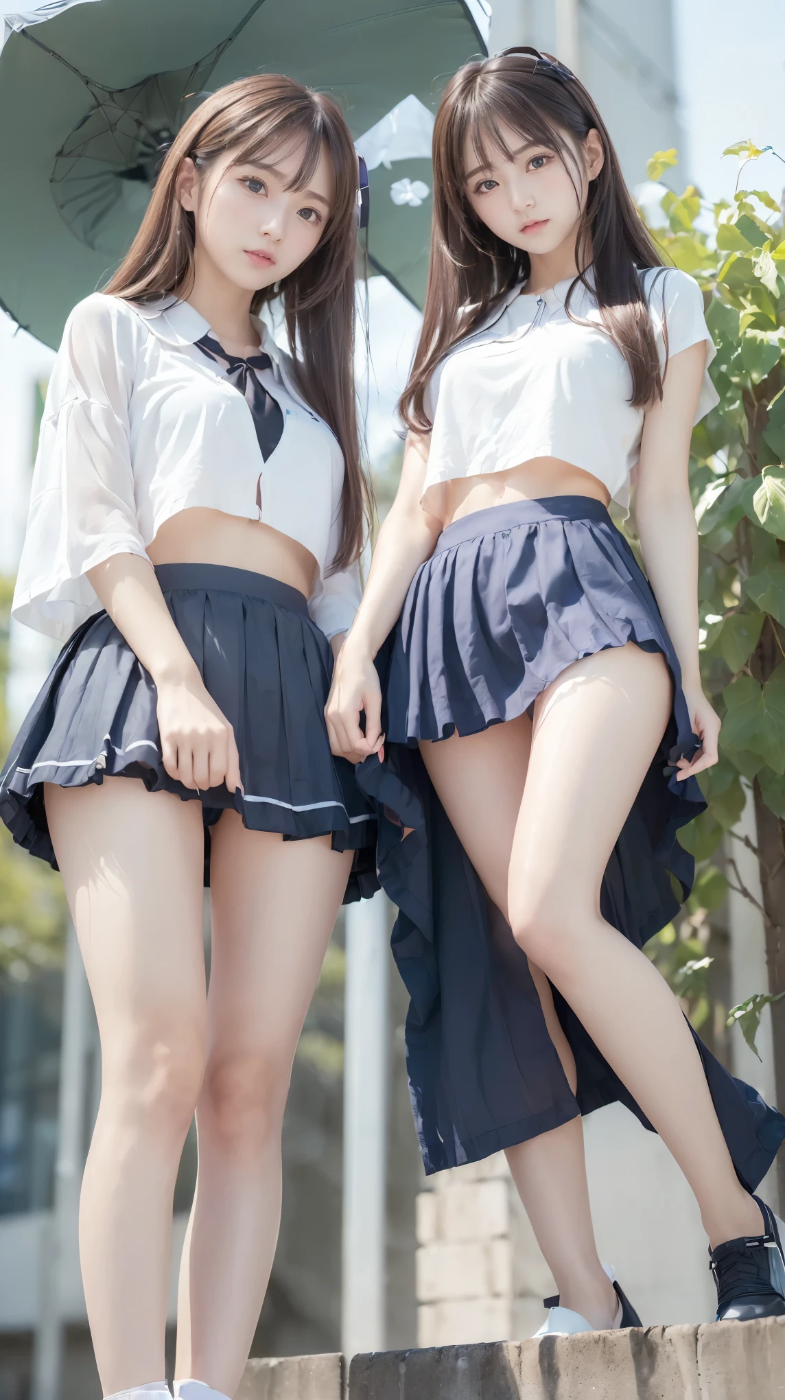 (((Two innocent and cute high school girls standing in a futuristic city:1.2))), (The strong wind made their skirts flutter:1.4), (((I can see your underwear:1.2))), Beautiful straight hair, Brown Hair, Immersion, Beautiful Eyes, ((Thin thighs, Inner thighs:1.2)), Slender body line, ((Tight waist:1.2)), (Japanese Idols, Baby Face, beautiful girl), (Perfect Anatomy:1.2), Beautiful breasts, Beautiful buttocks, (Highest quality、Highest quality、Masterpiece、Ultra high definition、Reality:1.37), (Detailed eyes and face:1.3、Professional photography techniques)、(Detailed hands、The right move:1.1)、((Beautiful hair and skirt fluttering in the wind:1.3))