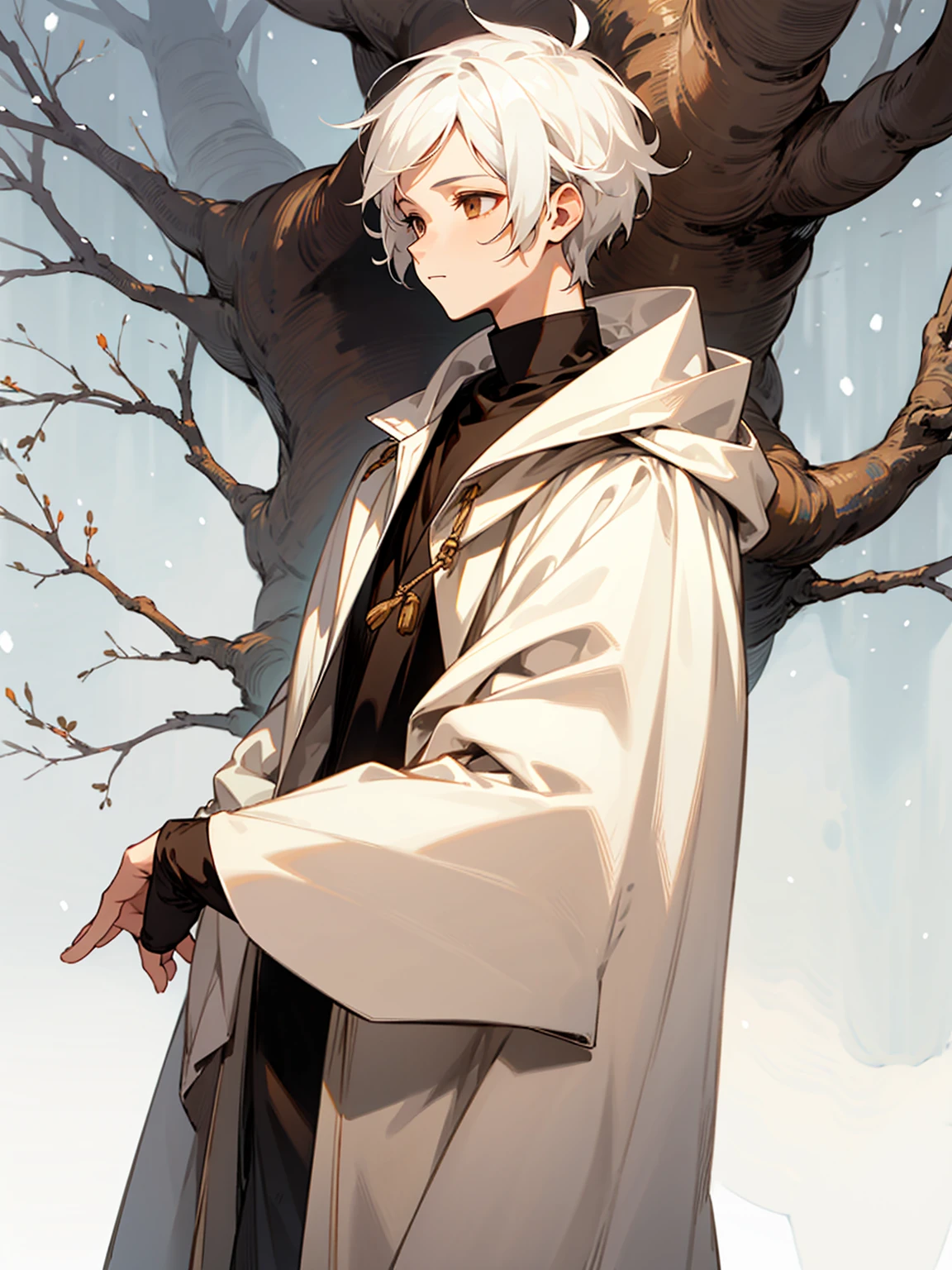 1boy, white hair, brown eyes, detailed eyes, tree background, snow, simple clothes