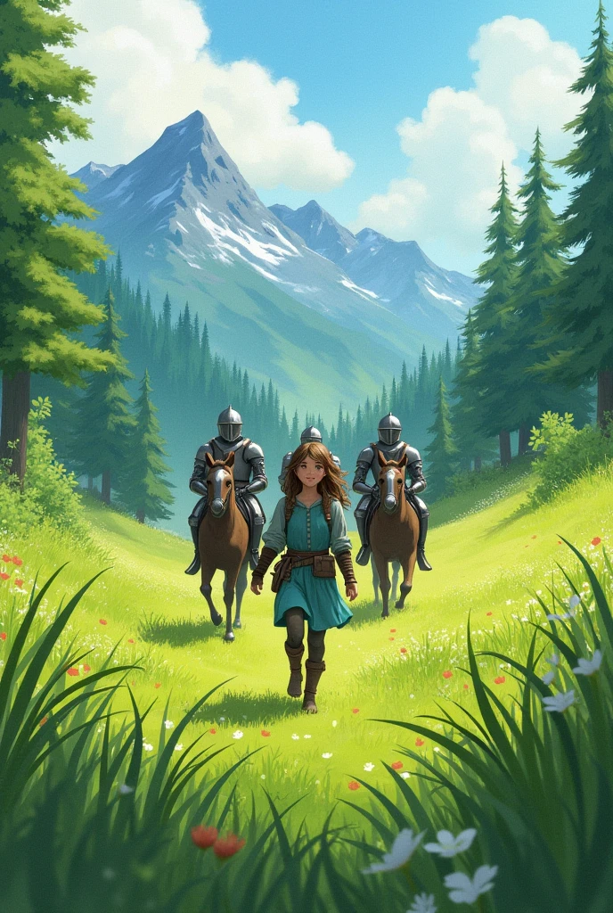 In a green meadow stands a girl leading a group of knights.
BREAK
With a brave expression, she guides them towards their destination.
BREAK
Behind her, a green forest stretches out and beyond that, mountains rise in the distance.
BREAK
The most suitable effect for this scene would be a watercolor painting technique to capture the softness of the meadow and the fluidity of the movement.