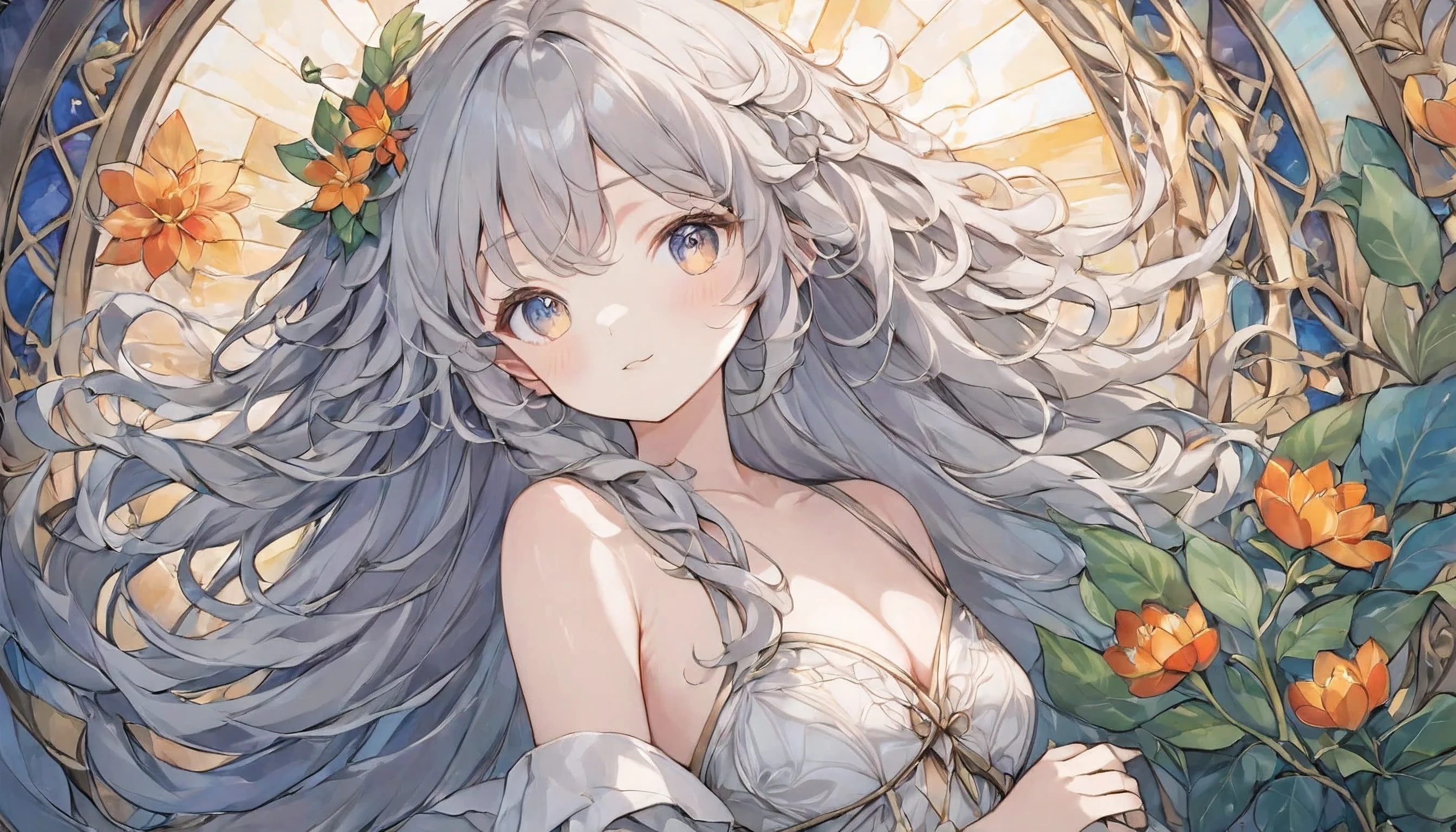 cute、beautiful girl、Hair color is silver、Long, loosely curly hair braided loosely、A beautiful girl in her 20s with a slightly childish face、Sexy chest、Small breasts、Playing with the tides,Luxray, Silver Color Hair, wind, Fluttering flower petals, Stained Glass AI, Decorative, Complex details, Dukhkova, 2d, Line art, watercolor, ink watercolor, Random color hair, Super long hair, Wavy, one person,Mandrake,flower, Mandrake, detailed, Complex, Perfect lighting, Perfect Shading, (Flat Color:1), (2d:1), (masterpiece, Awards, Highest quality:1.25), (Mature Adult:1.3)