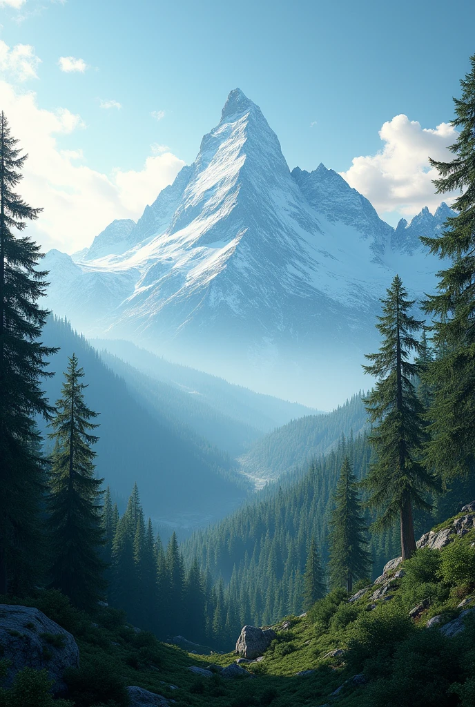 A series of mountains and an endless series of tall trees.