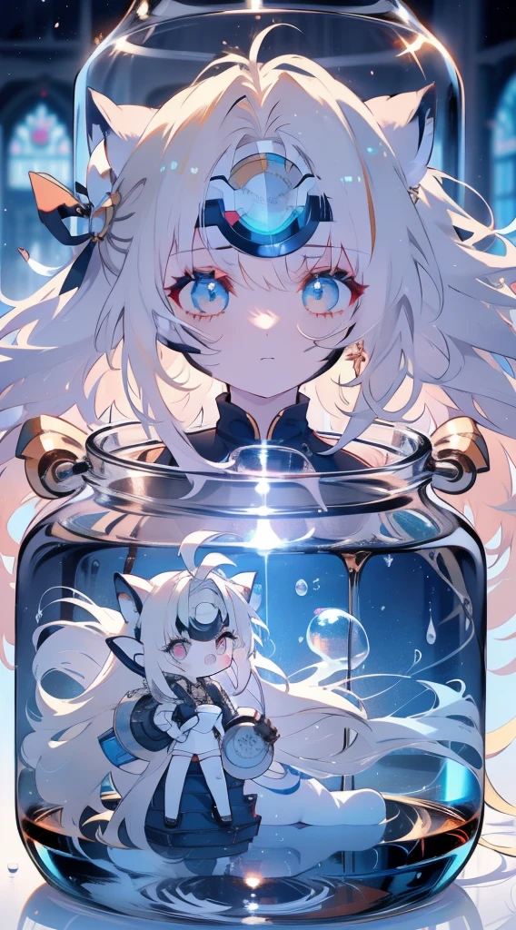((((((inside jar)))))))、one-girl, full bodyesbian, solo, girl in jar、adolable、small, A piece of, Blonde hair, long whitr hair, double tails, eBlue eyes, Eau, Eau泡