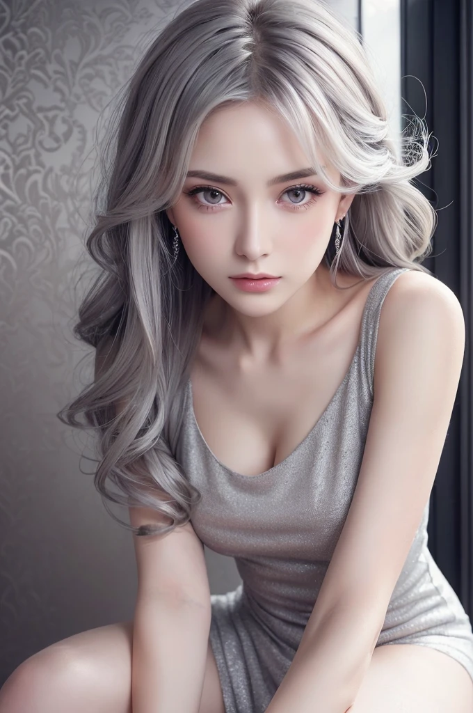 (A hyper-realistic)、(illustratio)、(hight resolution)、(8K)、(ighly detailed)、(Best Illustration)、In the Dark、deepshadow、Pretty Korean girl、(beautifully detailed eyes)、(top-quality)、(ultra-detailliert)、(​masterpiece)、(wall-paper)、(A detailed face)、独奏、One girl、looking at viewert、fine detailed、A detailed face、lowkey、pureerosfaceace_v1、A smile、full body Esbian(Stylish design)、((camel's toe)) 、(hairstyle on、bobhair)、(Silvery hair)、small tits、Ultra-fine makeup、Very delicately、Open leg large