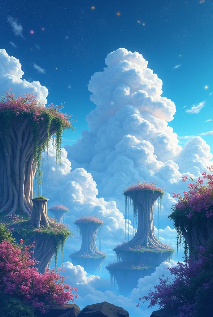 Visualize an anime-themed landscape of Astral Cloud Gardens, where floating islands of lush greenery are suspended in a sky filled with swirling, glowing clouds. The clouds are illuminated by the light of distant stars, casting a soft, ethereal glow over the islands. Each island is connected by vines of light, and the gardens are filled with exotic, glowing plants that sway gently in the breeze. The air is cool and crisp, and the faint sound of wind chimes echoes through the gardens as if carried on the wind from distant stars. The atmosphere is serene and dreamlike, like a garden at the edge of the universe.