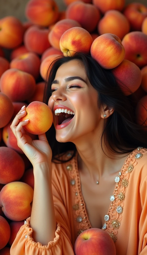 Clothed 30&#39;s、One incredibly beautiful Iranian woman。Dressed in traditional Iranian clothing。Facing forward、Open your mouth wide、He is biting into a peach with relish.。The expression is、Ecstatic expression、I feel a strong sense of ecstasy。With a smile、Both eyes are open。The head is peeled、Covered in several real peaches。There are a lot of peaches on and around the head.。There are peaches all around。There are so many peaches。The skin is、Hidden by clothes、Light clothing。There are peaches all around。Covered in peaches。Fully clothed。No tattoos。The background is the color of the Iranian flag.。9:16 sizes。Highest quality、A masterpiece。