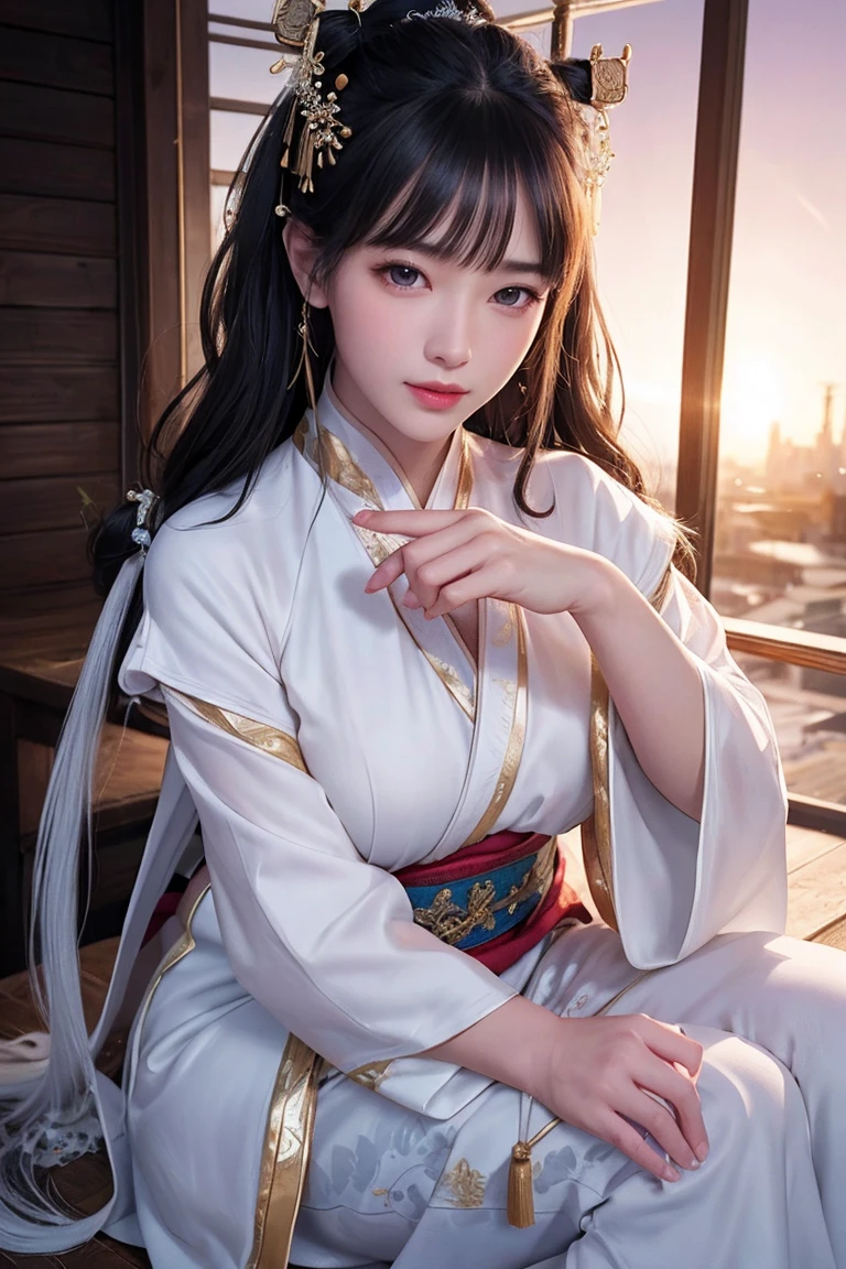 Face close-up, Ultra-fine face,woman, Chinese style, Ancient Wind,Hanfu, Sitting pose, Long white hair, Delicate clothing patterns, Elegance, Gorgeous, Elegance, smile,Sky Sky, ribbon,Sense of brokenness, It is, Bubble, Double up braid, Hairline, Diagonal bangs, hair band, hair ornaments,Sparkling, Cinema Lighting, Hyper HD, High resolution, 最high quality, 8k, High detail, high quality, Super Detail, Anatomically correct, masterpiece, Accurate,Plump,Landscape painting,screen