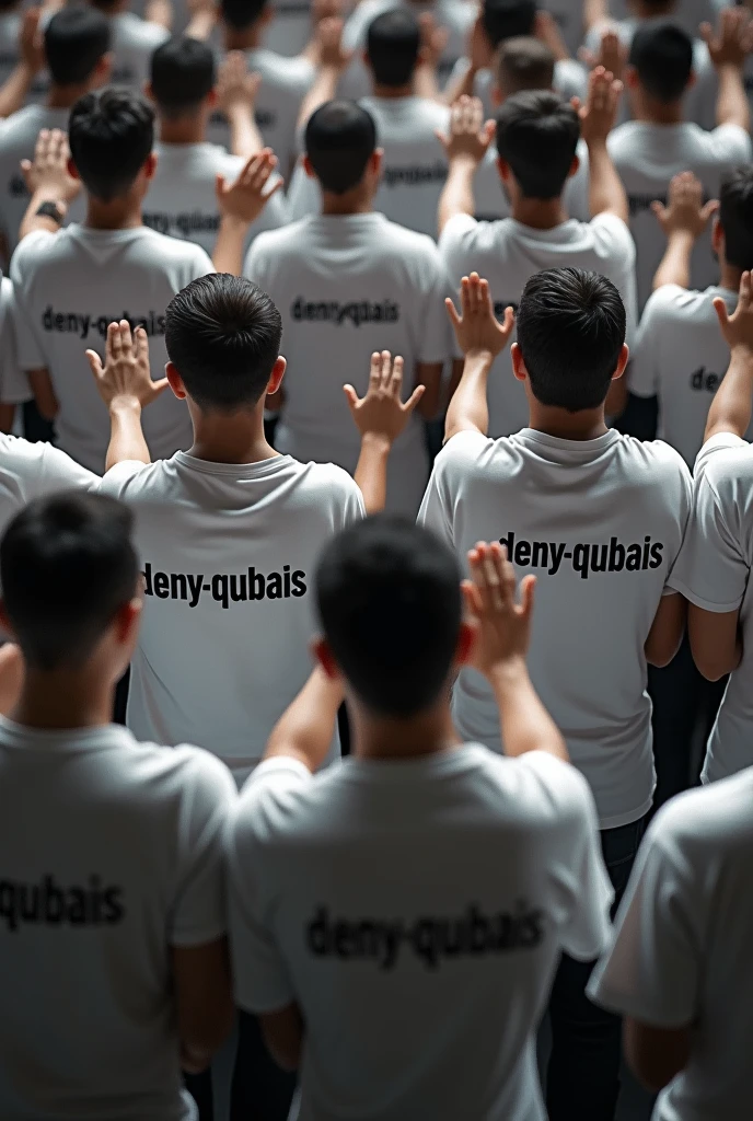 Men gathered, hands clasped upwards, white t-shirts, the back says "Deny-Qubais" in big letters