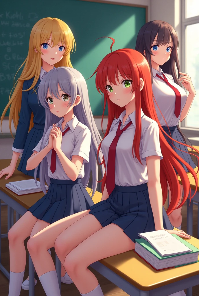 4 girls in a classroom(a blond,one with black hair,a redhead,one with gray hair)