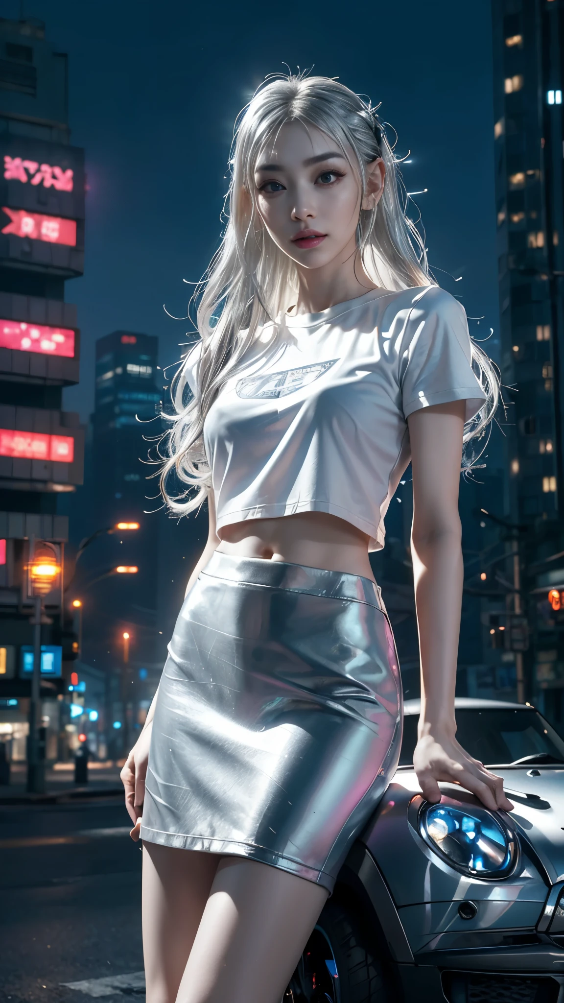 8k, UHD, masterpiece, 1 girl, ((good face)), very long hair, light makeup, (white skin:1.2), detailed eyes, small bust, simple cyberpunk clothing, ((silver t-shirt)), ((mini skirt)), (cyberpunk lighting:1.4), (building roadside), light effect, light reflection, ((spreading lights)), cyberpunk, cybercity, futuristic, (night), ray tracing, bloom, perfect pose,