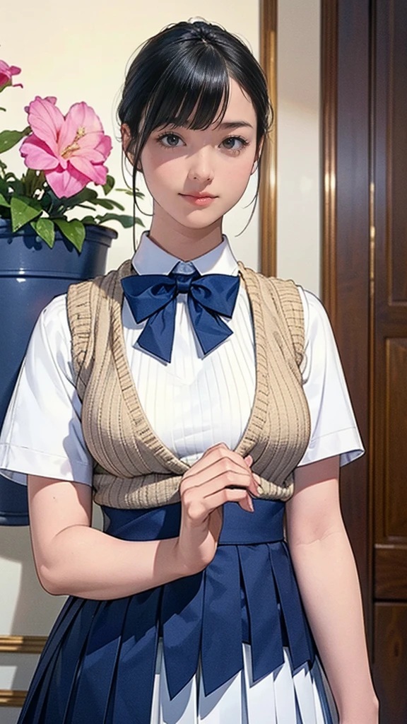 (masterpiece:1.2, Highest quality), (Realistic, photoRealistic:1.4), Beautiful illustrations, (Natural Side Lighting, Cinema Lighting), Written boundary depth, Looking at the audience, (Face Focus, Upper Body), Front view, 1 person, Japanese, high school girl, , Perfect Face, Symmetrical cute face, Glowing Skin, (Bob Hair:1.7,Black Hair), Asymmetrical bangs, Big eyes, Droopy eyes, long eyelashes chest), thin, Beautiful Hair, Beautiful Face, Beautiful and beautiful eyes, Beautiful clavicle, Beautiful body, Beautiful breasts, Beautiful thighs, Beautiful legs, Beautiful fingers, ((Quality fabric texture, brown knit vest, Short sleeve white collar shirt, Navy Pleated Skirt, Navy bow tie)), (Beautiful views), evening, (Inside the flower shop), Are standing, (smile, Superior, Open your mouth), (From below:1.5),(Poor visibility:1.5),
